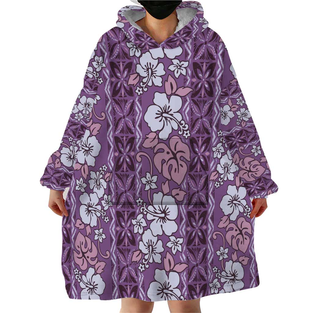 Hawaii Vintage Violet Hibiscus Tapa Pattern Wearable Blanket Hoodie LT05 - Polynesian Pride