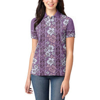 Hawaii Vintage Violet Hibiscus Tapa Pattern Women Polo Shirt