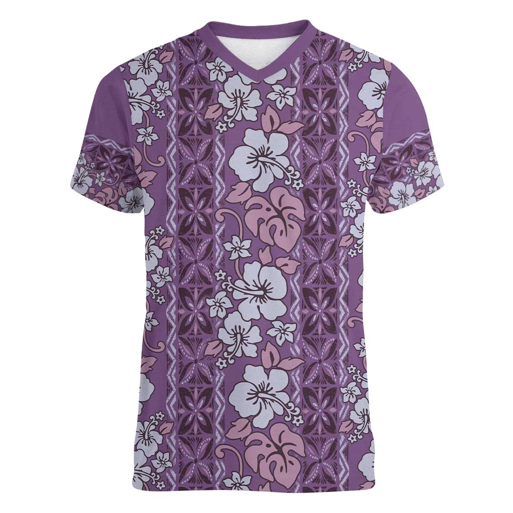 Hawaii Vintage Violet Hibiscus Tapa Pattern Women V-Neck T-Shirt LT05 Female Violet - Polynesian Pride