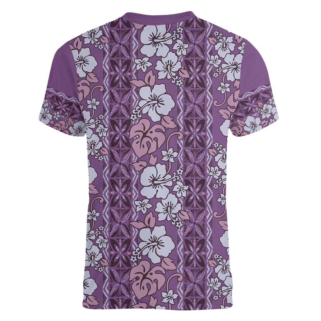 Hawaii Vintage Violet Hibiscus Tapa Pattern Women V-Neck T-Shirt LT05 - Polynesian Pride