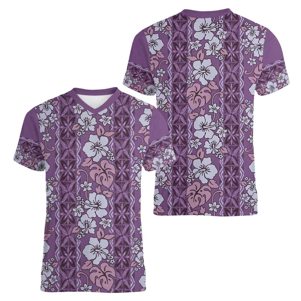 Hawaii Vintage Violet Hibiscus Tapa Pattern Women V-Neck T-Shirt LT05 - Polynesian Pride