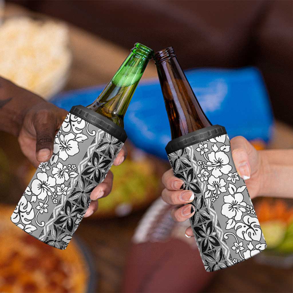 Hawaii Vintage Gray Hibiscus Tapa Pattern 4 in 1 Can Cooler Tumbler