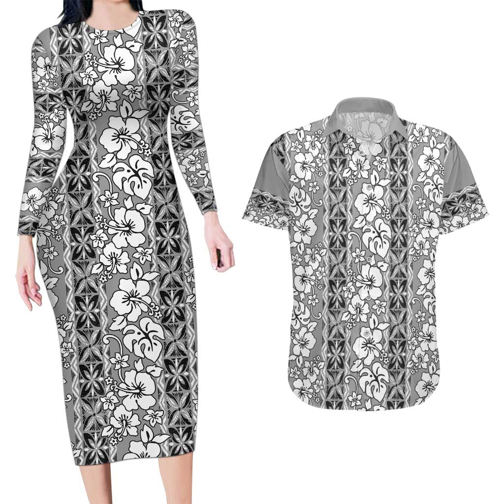 Hawaii Vintage Gray Hibiscus Tapa Pattern Couples Matching Long Sleeve Bodycon Dress and Hawaiian Shirt