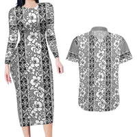 Hawaii Vintage Gray Hibiscus Tapa Pattern Couples Matching Long Sleeve Bodycon Dress and Hawaiian Shirt LT05 Gray - Polynesian Pride