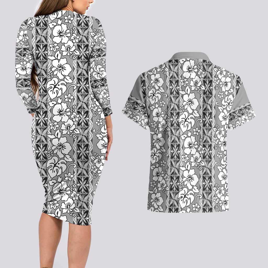 Hawaii Vintage Gray Hibiscus Tapa Pattern Couples Matching Long Sleeve Bodycon Dress and Hawaiian Shirt LT05 - Polynesian Pride
