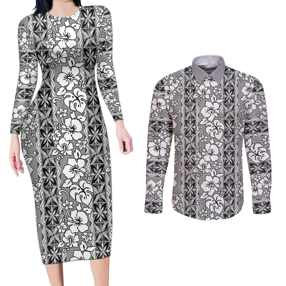 Hawaii Vintage Gray Hibiscus Tapa Pattern Couples Matching Long Sleeve Bodycon Dress and Long Sleeve Button Shirt LT05 Gray - Polynesian Pride
