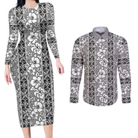 Hawaii Vintage Gray Hibiscus Tapa Pattern Couples Matching Long Sleeve Bodycon Dress and Long Sleeve Button Shirt LT05 Gray - Polynesian Pride