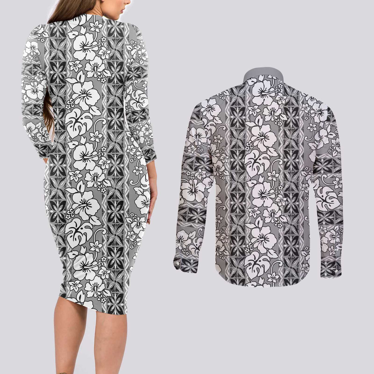 Hawaii Vintage Gray Hibiscus Tapa Pattern Couples Matching Long Sleeve Bodycon Dress and Long Sleeve Button Shirt LT05 - Polynesian Pride