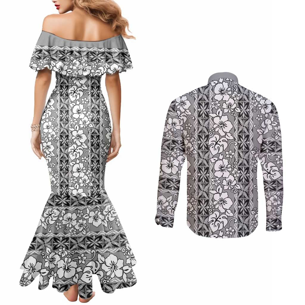 Hawaii Vintage Gray Hibiscus Tapa Pattern Couples Matching Mermaid Dress and Long Sleeve Button Shirt LT05 - Polynesian Pride