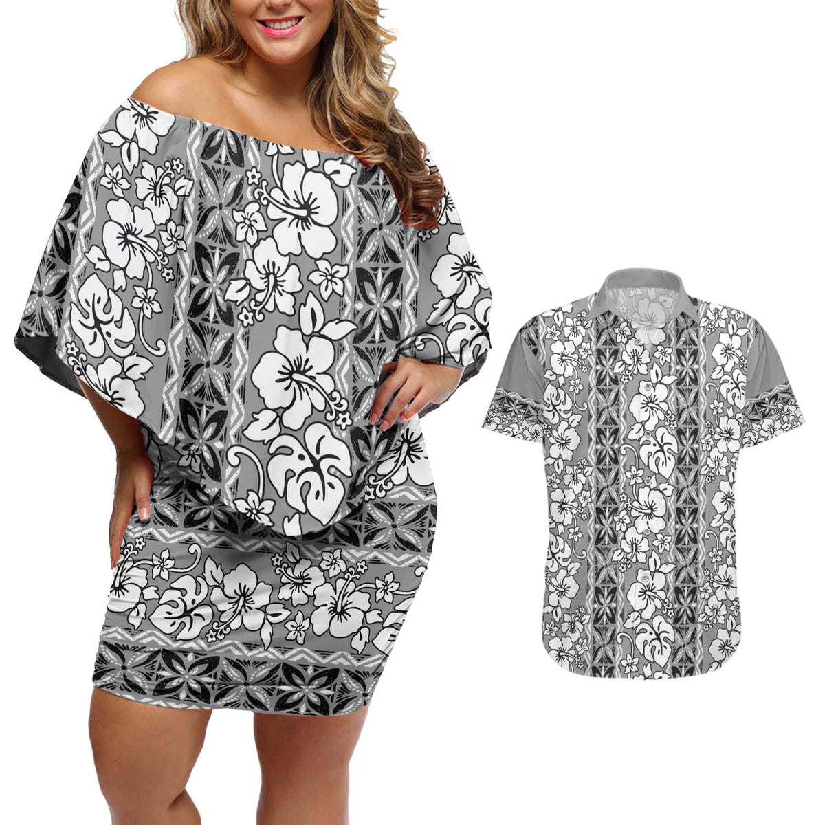 Hawaii Vintage Gray Hibiscus Tapa Pattern Couples Matching Off Shoulder Short Dress and Hawaiian Shirt LT05 Gray - Polynesian Pride