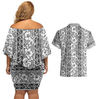 Hawaii Vintage Gray Hibiscus Tapa Pattern Couples Matching Off Shoulder Short Dress and Hawaiian Shirt LT05 - Polynesian Pride