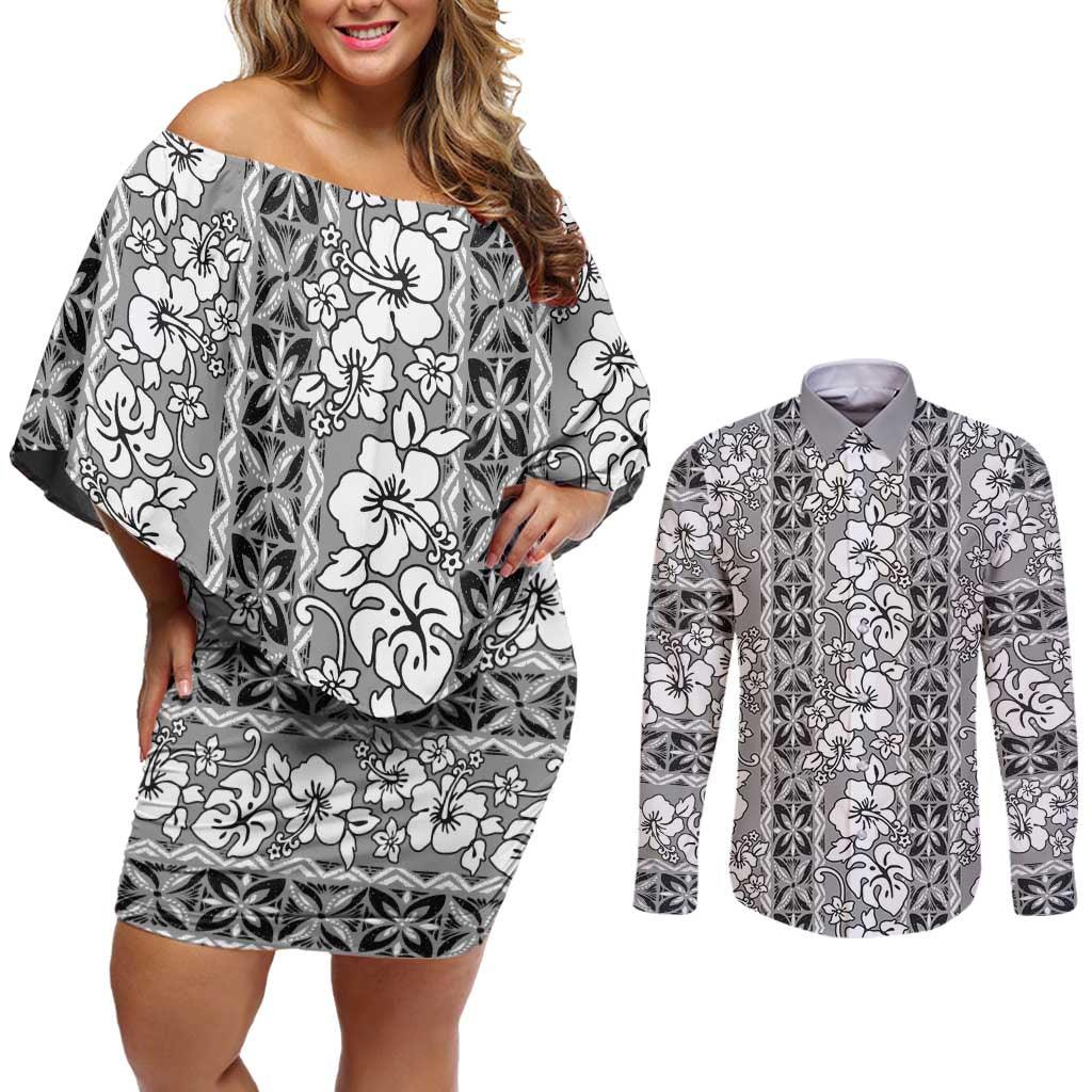 Hawaii Vintage Gray Hibiscus Tapa Pattern Couples Matching Off Shoulder Short Dress and Long Sleeve Button Shirt LT05 Gray - Polynesian Pride