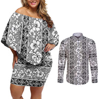 Hawaii Vintage Gray Hibiscus Tapa Pattern Couples Matching Off Shoulder Short Dress and Long Sleeve Button Shirt LT05 Gray - Polynesian Pride