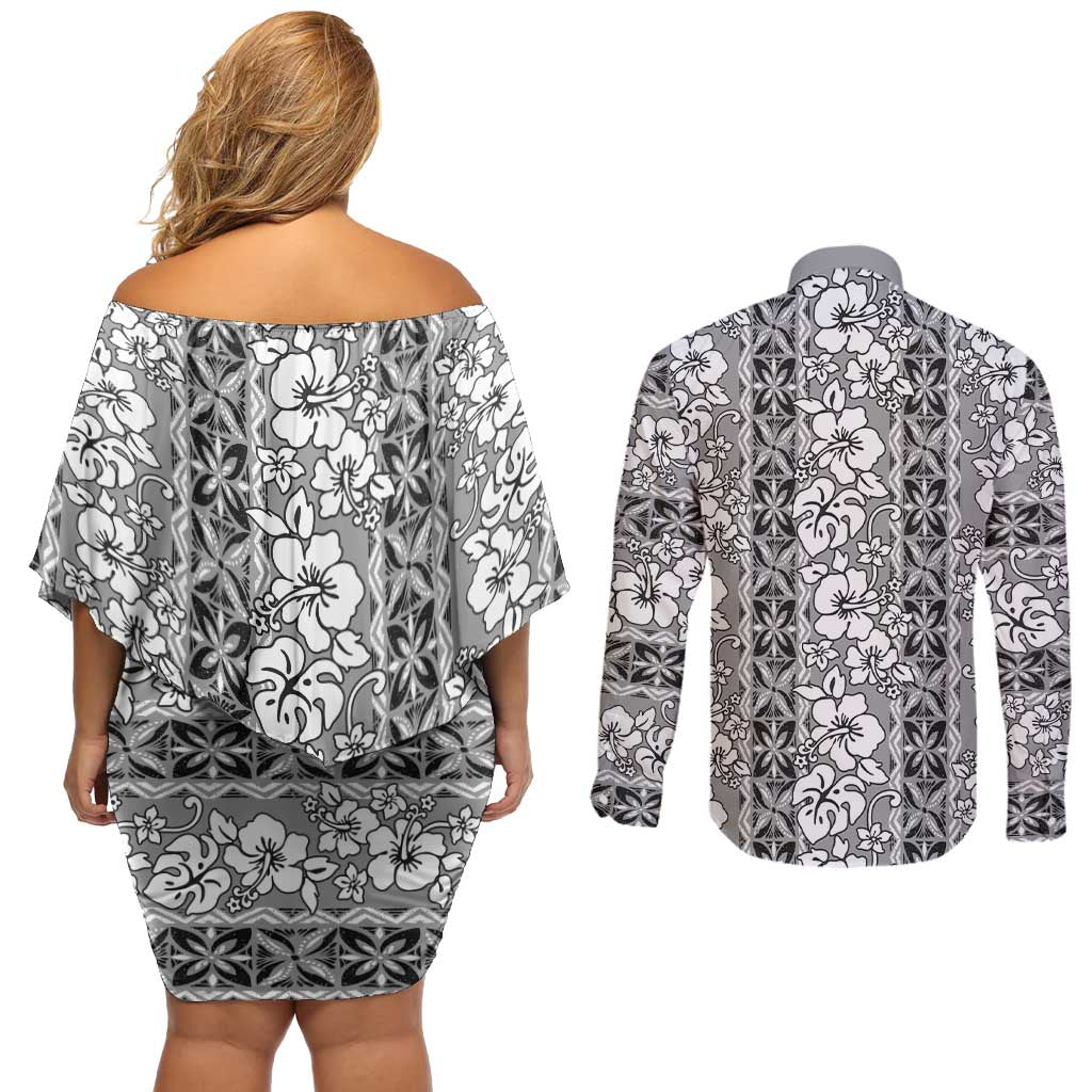 Hawaii Vintage Gray Hibiscus Tapa Pattern Couples Matching Off Shoulder Short Dress and Long Sleeve Button Shirt LT05 - Polynesian Pride