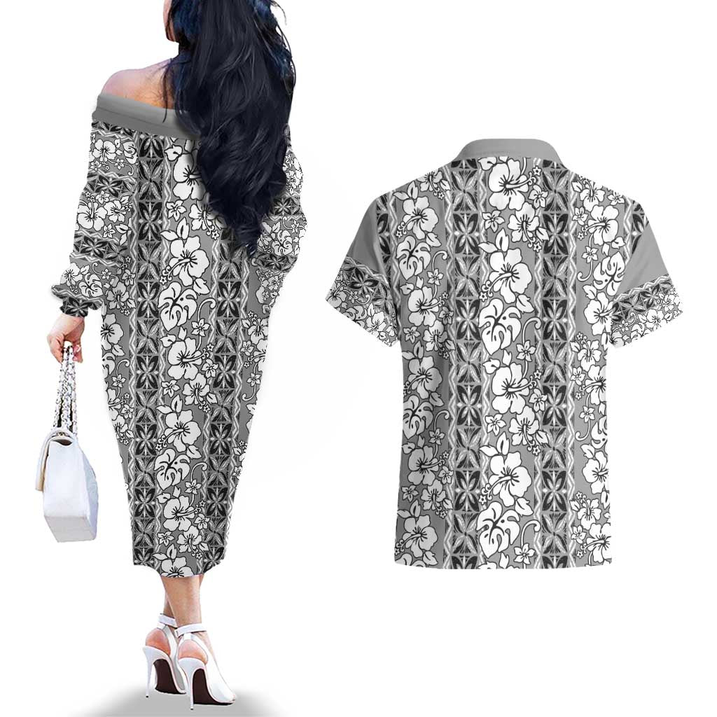 Hawaii Vintage Gray Hibiscus Tapa Pattern Couples Matching Off The Shoulder Long Sleeve Dress and Hawaiian Shirt LT05 - Polynesian Pride