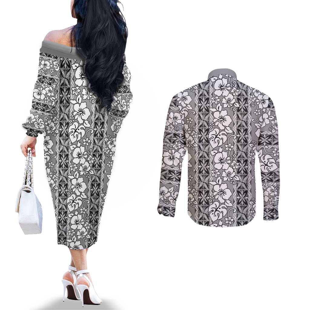 Hawaii Vintage Gray Hibiscus Tapa Pattern Couples Matching Off The Shoulder Long Sleeve Dress and Long Sleeve Button Shirt LT05 - Polynesian Pride