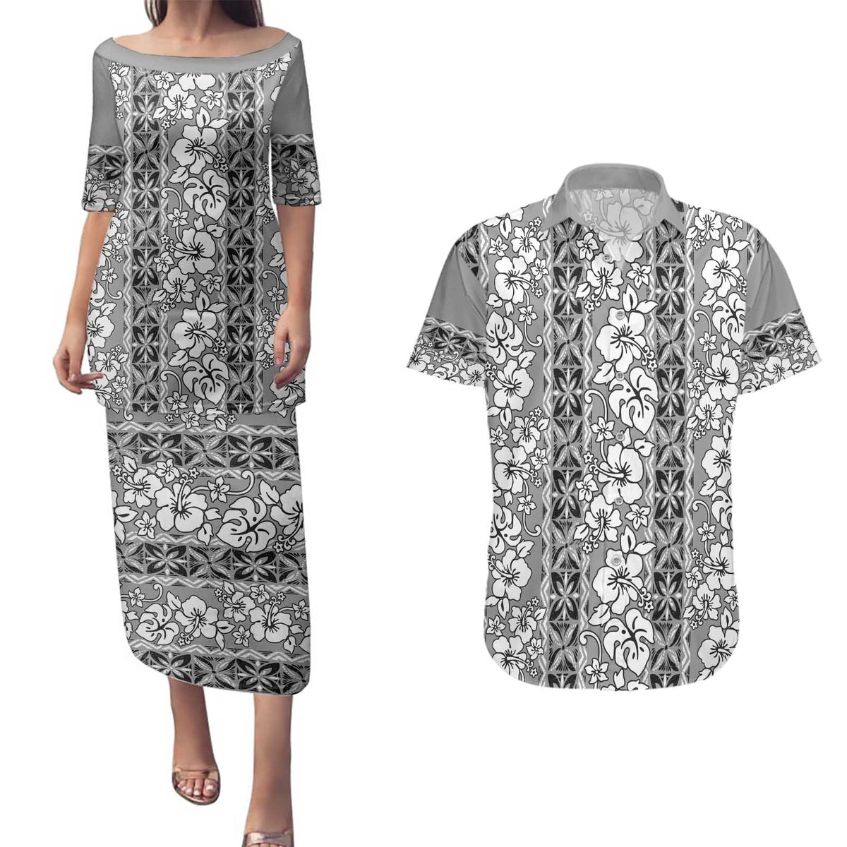 Hawaii Vintage Gray Hibiscus Tapa Pattern Couples Matching Puletasi and Hawaiian Shirt LT05 Gray - Polynesian Pride