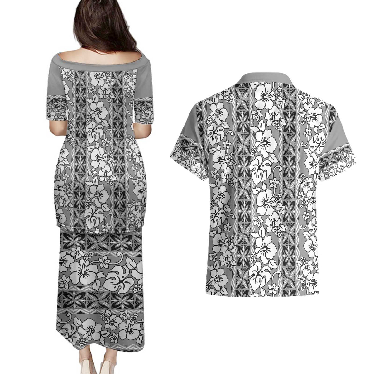 Hawaii Vintage Gray Hibiscus Tapa Pattern Couples Matching Puletasi and Hawaiian Shirt LT05 - Polynesian Pride