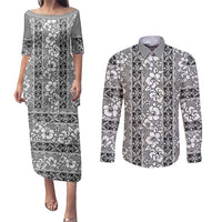 Hawaii Vintage Gray Hibiscus Tapa Pattern Couples Matching Puletasi and Long Sleeve Button Shirt LT05 Gray - Polynesian Pride