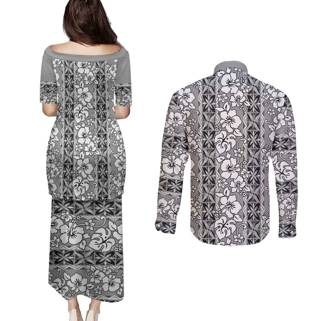 Hawaii Vintage Gray Hibiscus Tapa Pattern Couples Matching Puletasi and Long Sleeve Button Shirt LT05 - Polynesian Pride