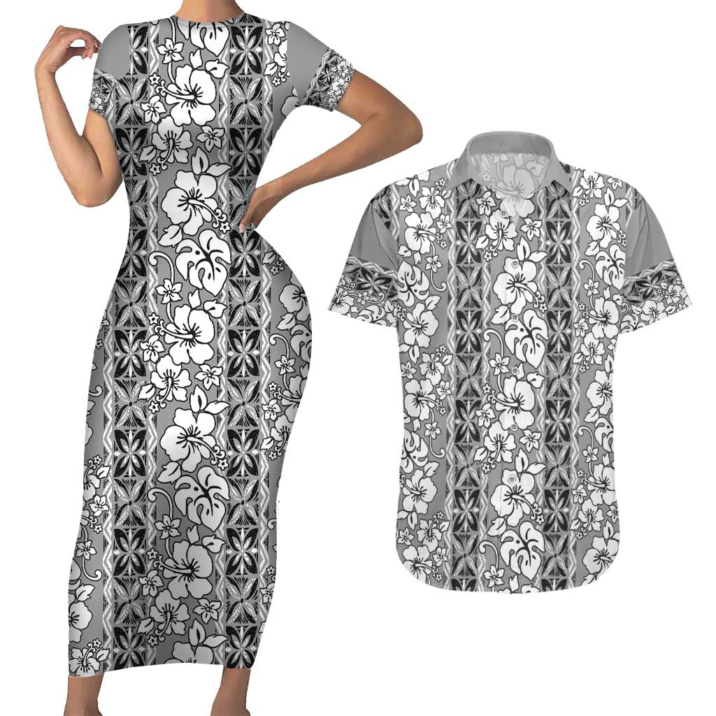 Hawaii Vintage Gray Hibiscus Tapa Pattern Couples Matching Short Sleeve Bodycon Dress and Hawaiian Shirt