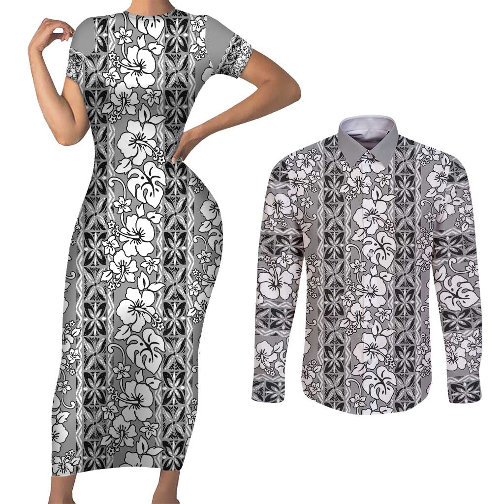 Hawaii Vintage Gray Hibiscus Tapa Pattern Couples Matching Short Sleeve Bodycon Dress and Long Sleeve Button Shirt LT05 Gray - Polynesian Pride