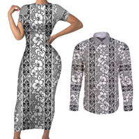 Hawaii Vintage Gray Hibiscus Tapa Pattern Couples Matching Short Sleeve Bodycon Dress and Long Sleeve Button Shirt LT05 Gray - Polynesian Pride