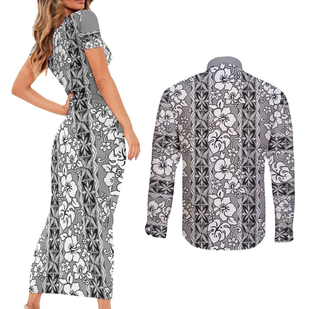 Hawaii Vintage Gray Hibiscus Tapa Pattern Couples Matching Short Sleeve Bodycon Dress and Long Sleeve Button Shirt LT05 - Polynesian Pride
