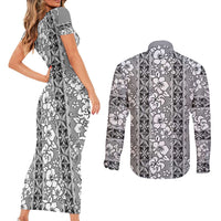 Hawaii Vintage Gray Hibiscus Tapa Pattern Couples Matching Short Sleeve Bodycon Dress and Long Sleeve Button Shirt LT05 - Polynesian Pride