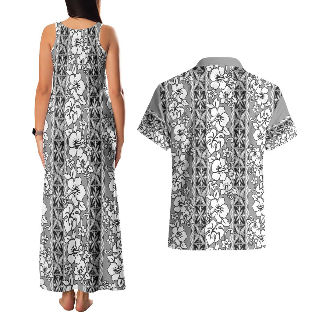 Hawaii Vintage Gray Hibiscus Tapa Pattern Couples Matching Tank Maxi Dress and Hawaiian Shirt LT05 - Polynesian Pride