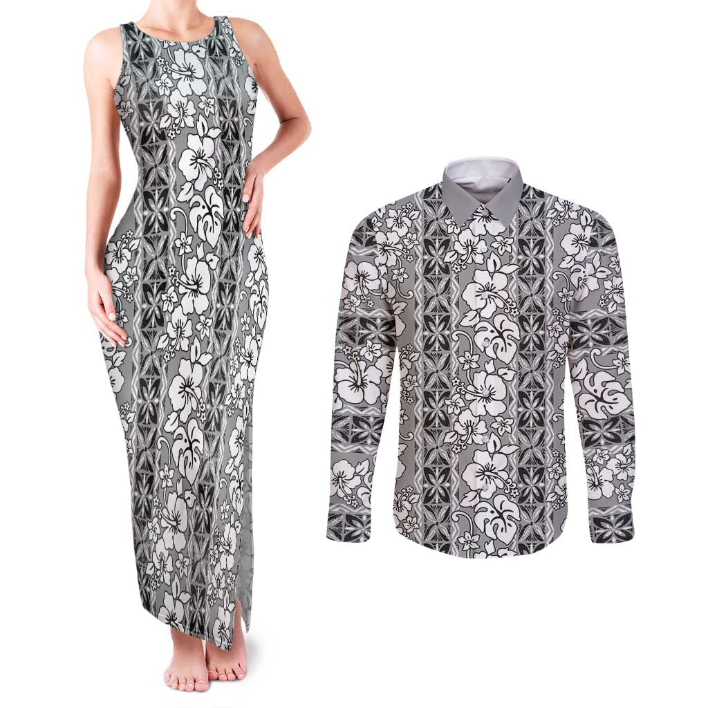 Hawaii Vintage Gray Hibiscus Tapa Pattern Couples Matching Tank Maxi Dress and Long Sleeve Button Shirt LT05 Gray - Polynesian Pride