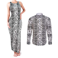 Hawaii Vintage Gray Hibiscus Tapa Pattern Couples Matching Tank Maxi Dress and Long Sleeve Button Shirt LT05 Gray - Polynesian Pride