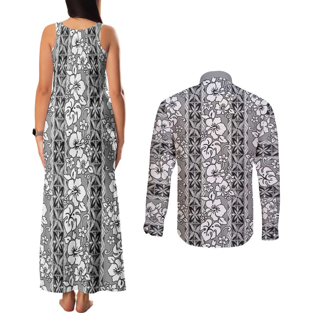 Hawaii Vintage Gray Hibiscus Tapa Pattern Couples Matching Tank Maxi Dress and Long Sleeve Button Shirt LT05 - Polynesian Pride