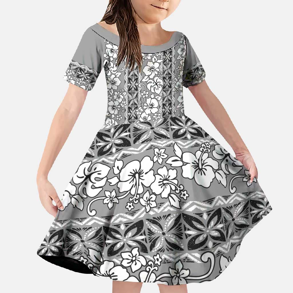 Hawaii Vintage Gray Hibiscus Tapa Pattern Family Matching Mermaid Dress and Hawaiian Shirt