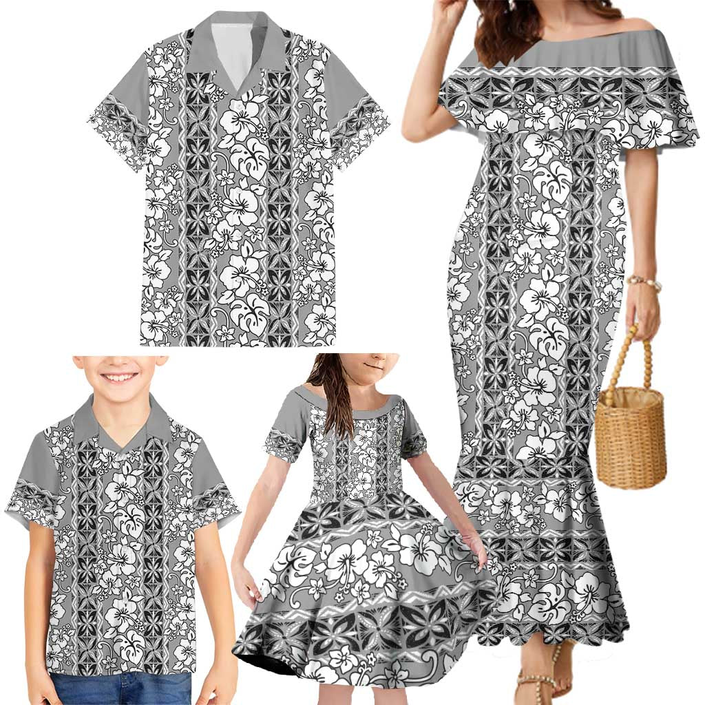 Hawaii Vintage Gray Hibiscus Tapa Pattern Family Matching Mermaid Dress and Hawaiian Shirt