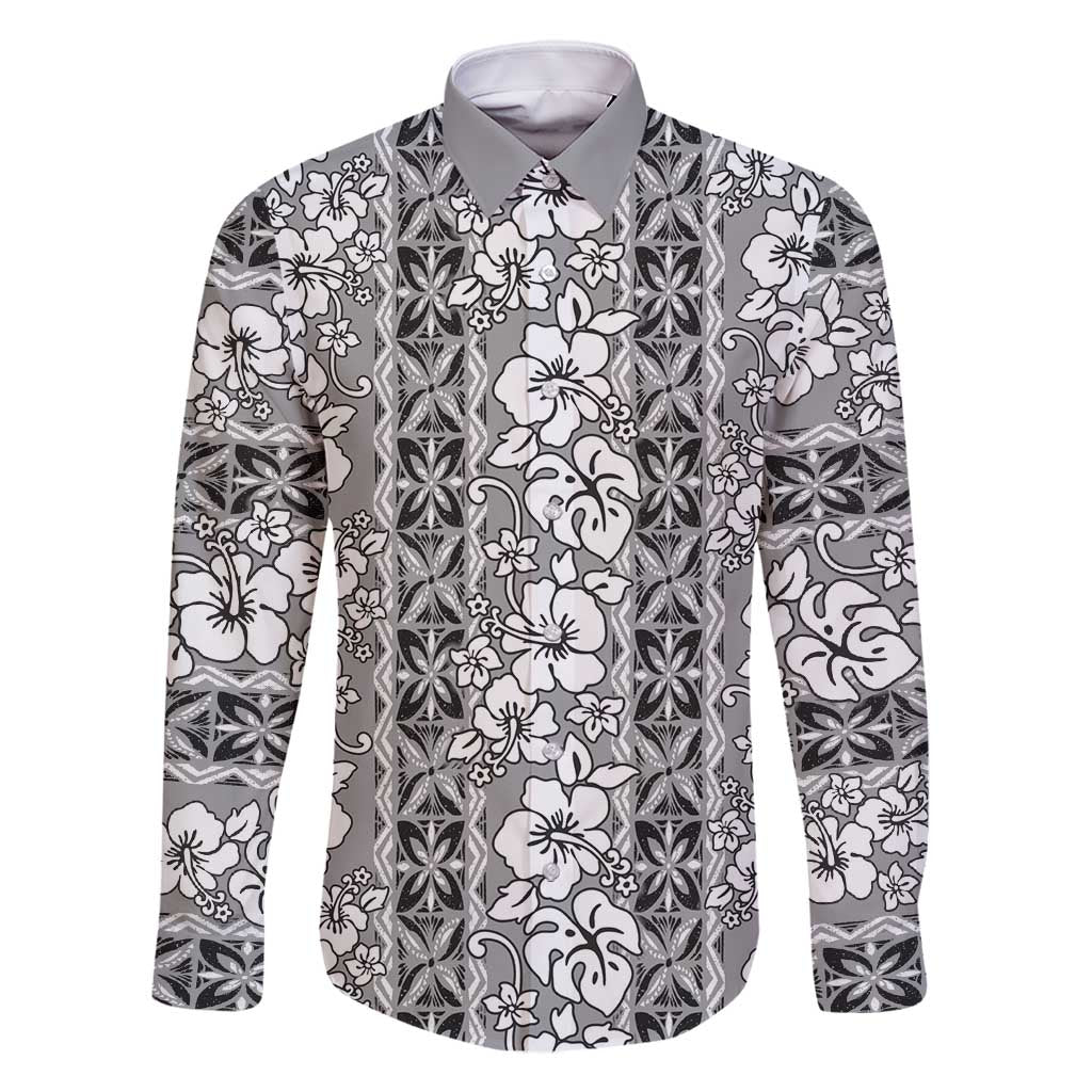 Hawaii Vintage Gray Hibiscus Tapa Pattern Family Matching Off Shoulder Maxi Dress and Hawaiian Shirt LT05 Dad's Shirt - Long Sleeve Gray - Polynesian Pride