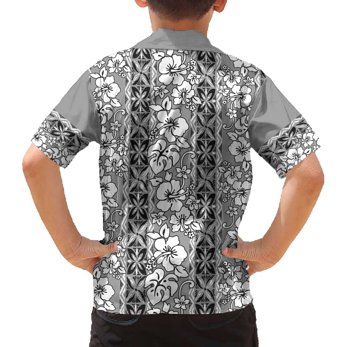 Hawaii Vintage Gray Hibiscus Tapa Pattern Family Matching Off Shoulder Short Dress and Hawaiian Shirt