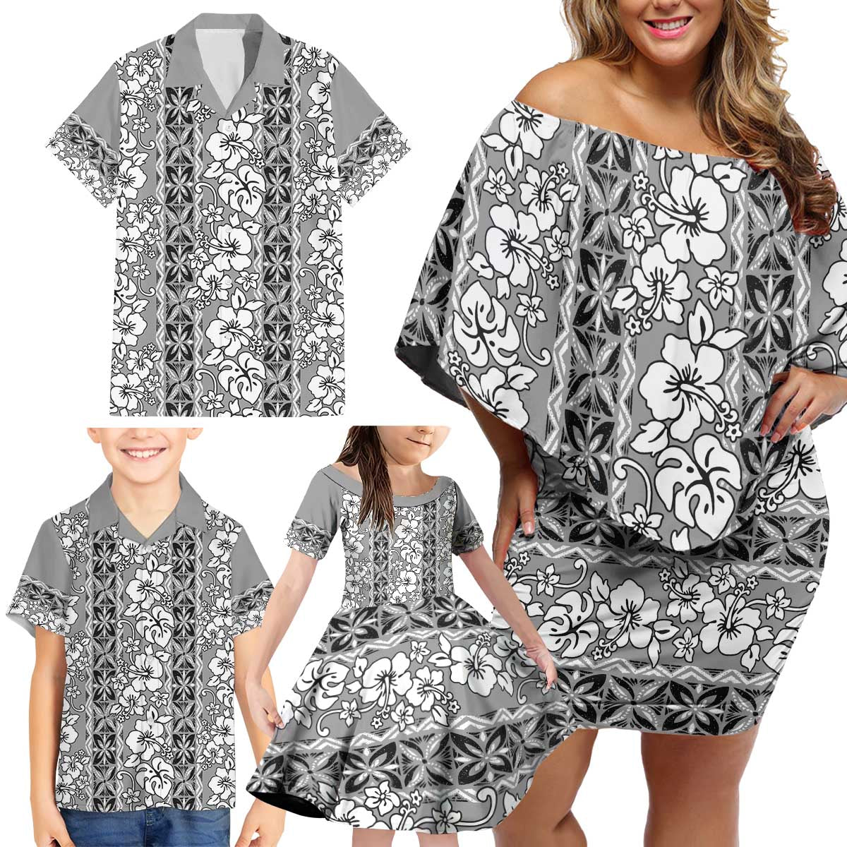 Hawaii Vintage Gray Hibiscus Tapa Pattern Family Matching Off Shoulder Short Dress and Hawaiian Shirt