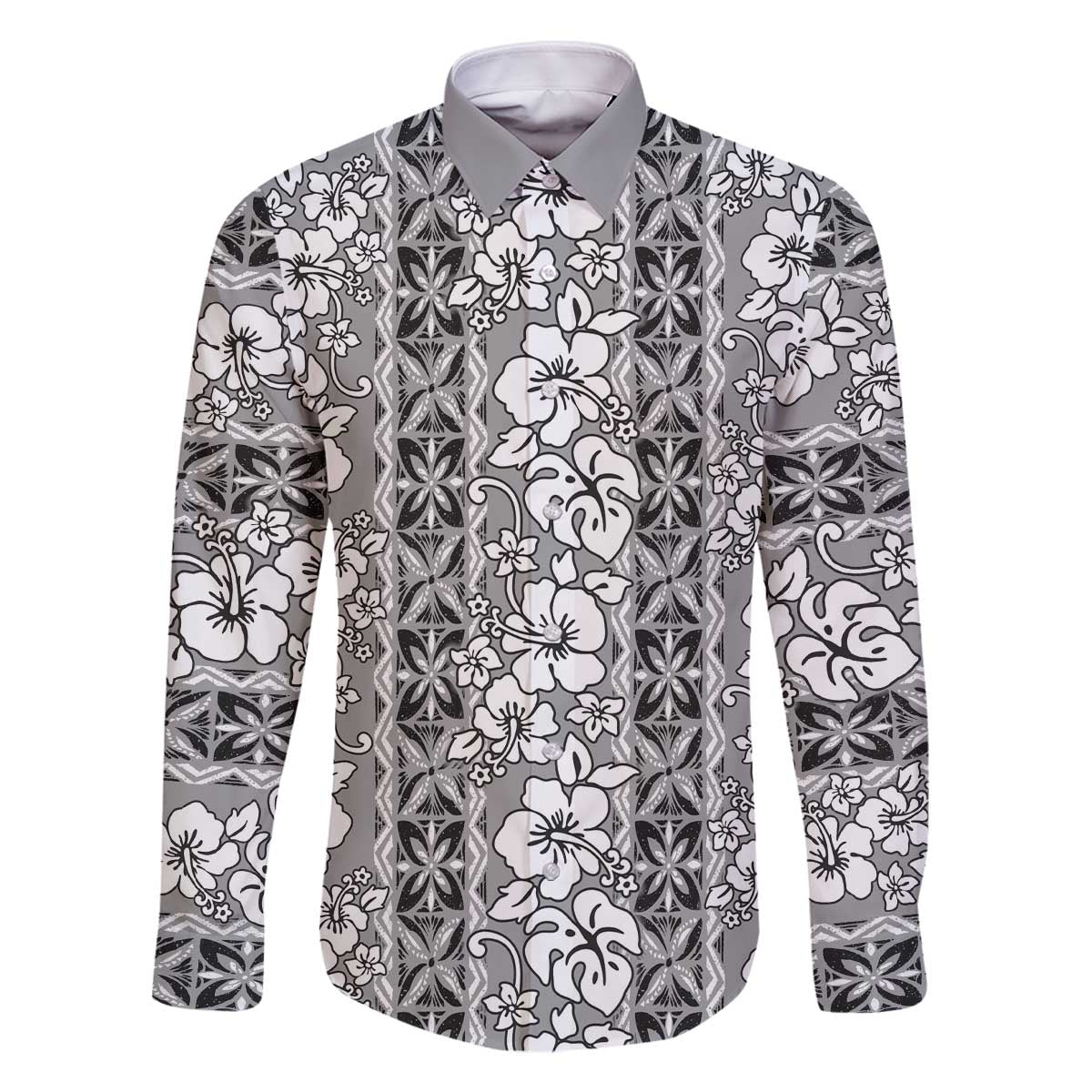 Hawaii Vintage Gray Hibiscus Tapa Pattern Family Matching Off Shoulder Short Dress and Hawaiian Shirt