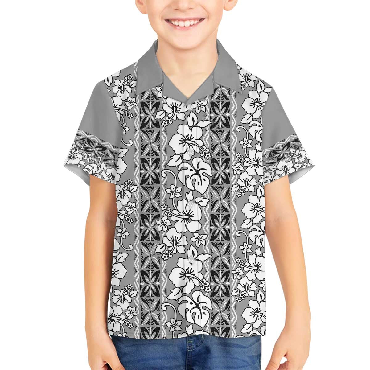 Hawaii Vintage Gray Hibiscus Tapa Pattern Family Matching Off Shoulder Short Dress and Hawaiian Shirt