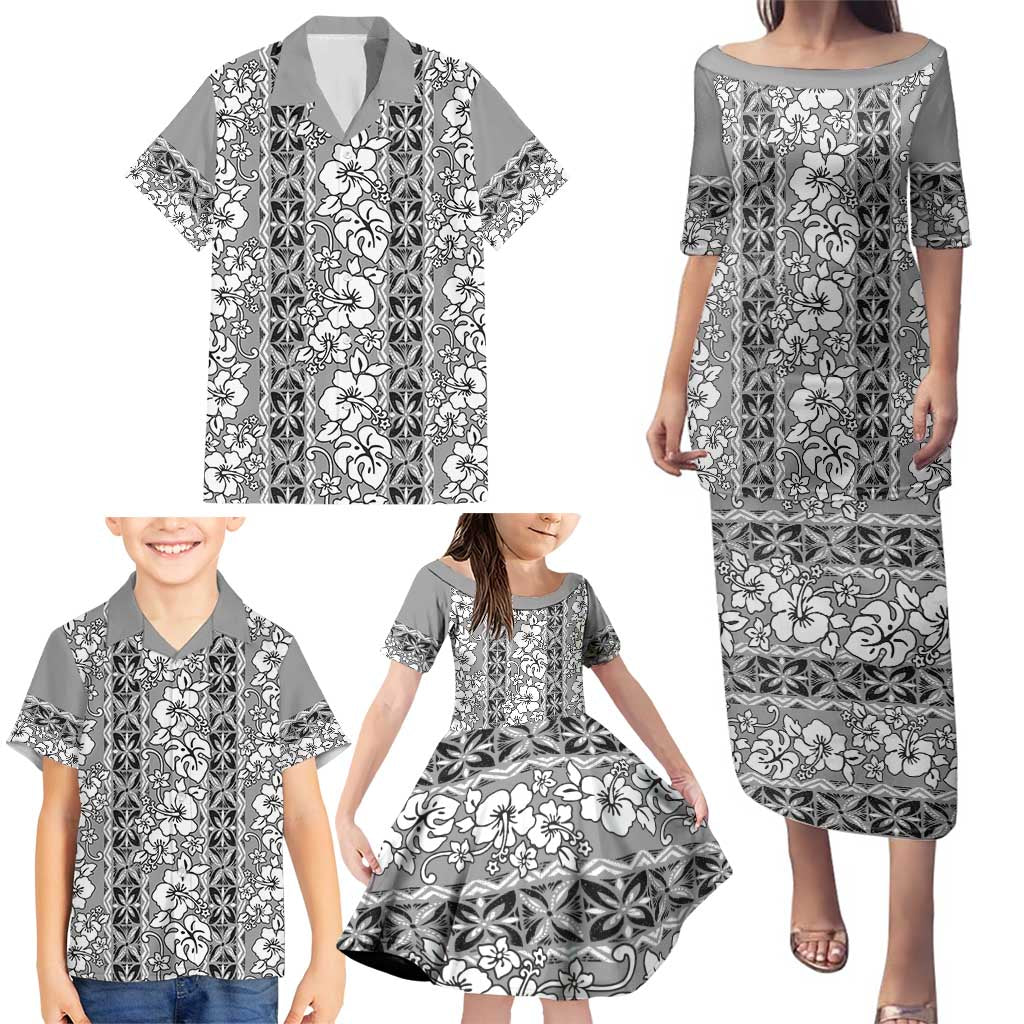 Hawaii Vintage Gray Hibiscus Tapa Pattern Family Matching Puletasi and Hawaiian Shirt