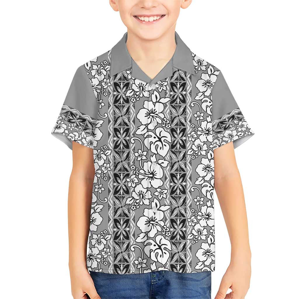Hawaii Vintage Gray Hibiscus Tapa Pattern Family Matching Short Sleeve Bodycon Dress and Hawaiian Shirt