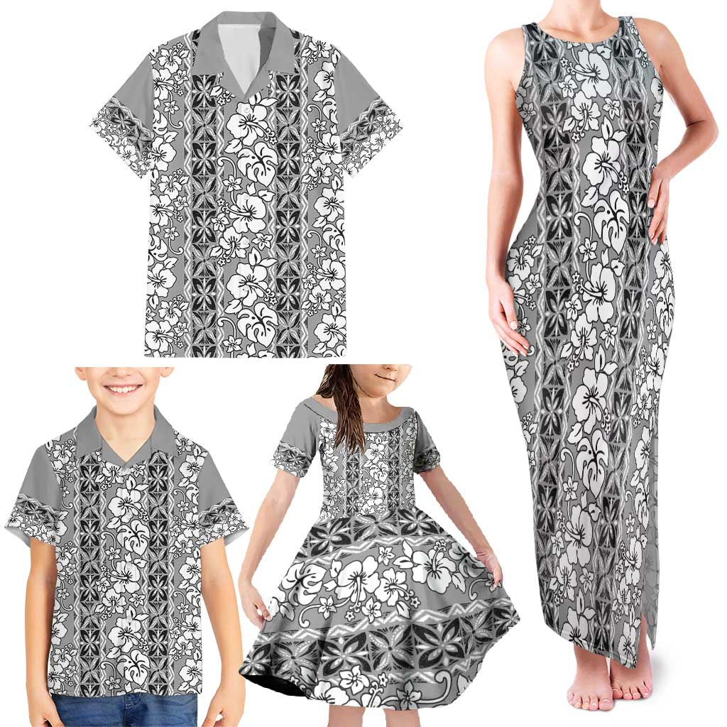 Hawaii Vintage Gray Hibiscus Tapa Pattern Family Matching Tank Maxi Dress and Hawaiian Shirt