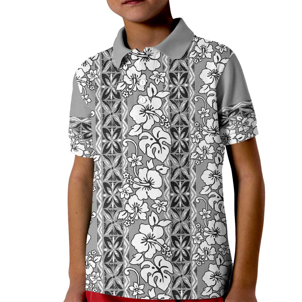 Hawaii Vintage Gray Hibiscus Tapa Pattern Kid Polo Shirt