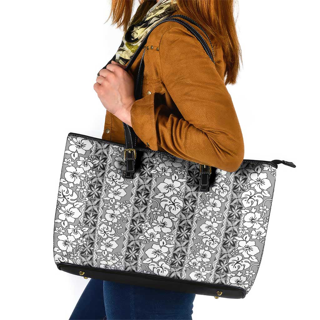 Hawaii Vintage Gray Hibiscus Tapa Pattern Leather Tote Bag LT05 Gray - Polynesian Pride