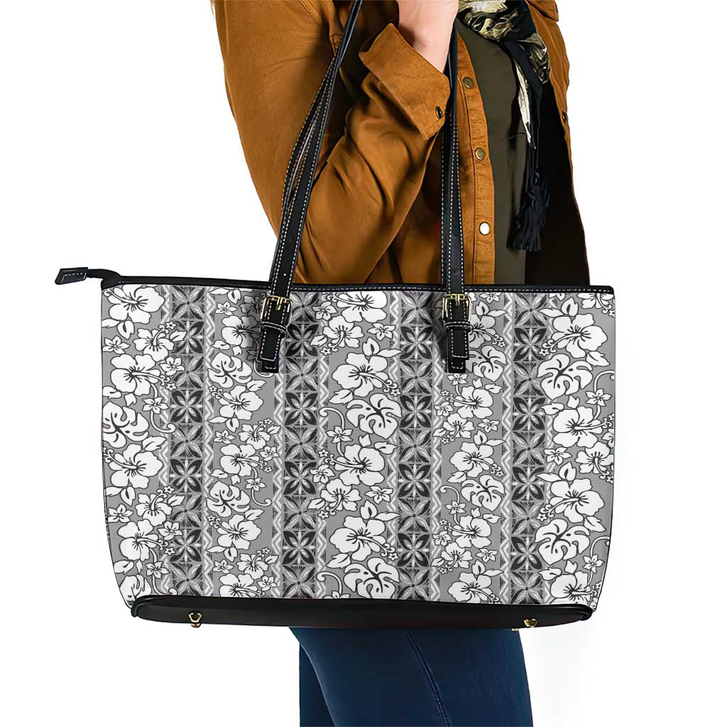Hawaii Vintage Gray Hibiscus Tapa Pattern Leather Tote Bag LT05 - Polynesian Pride