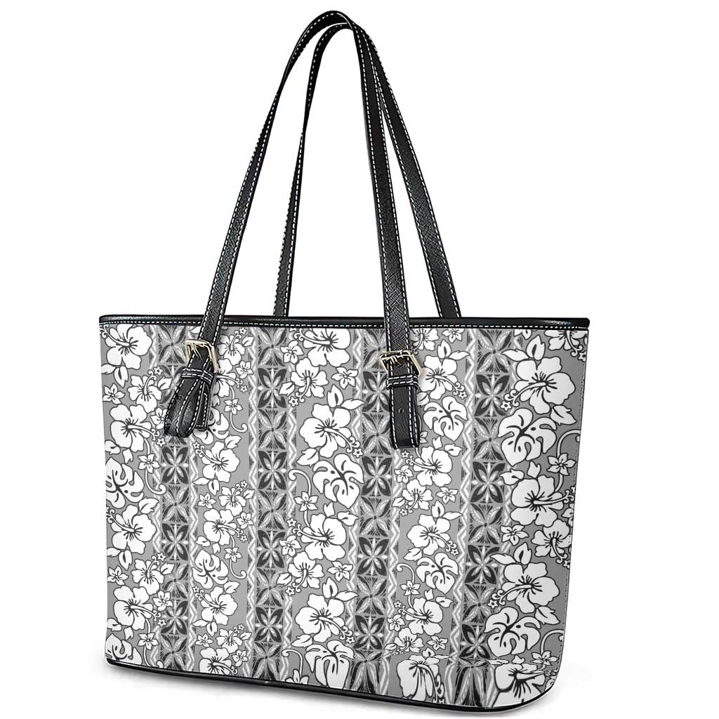 Hawaii Vintage Gray Hibiscus Tapa Pattern Leather Tote Bag LT05 - Polynesian Pride