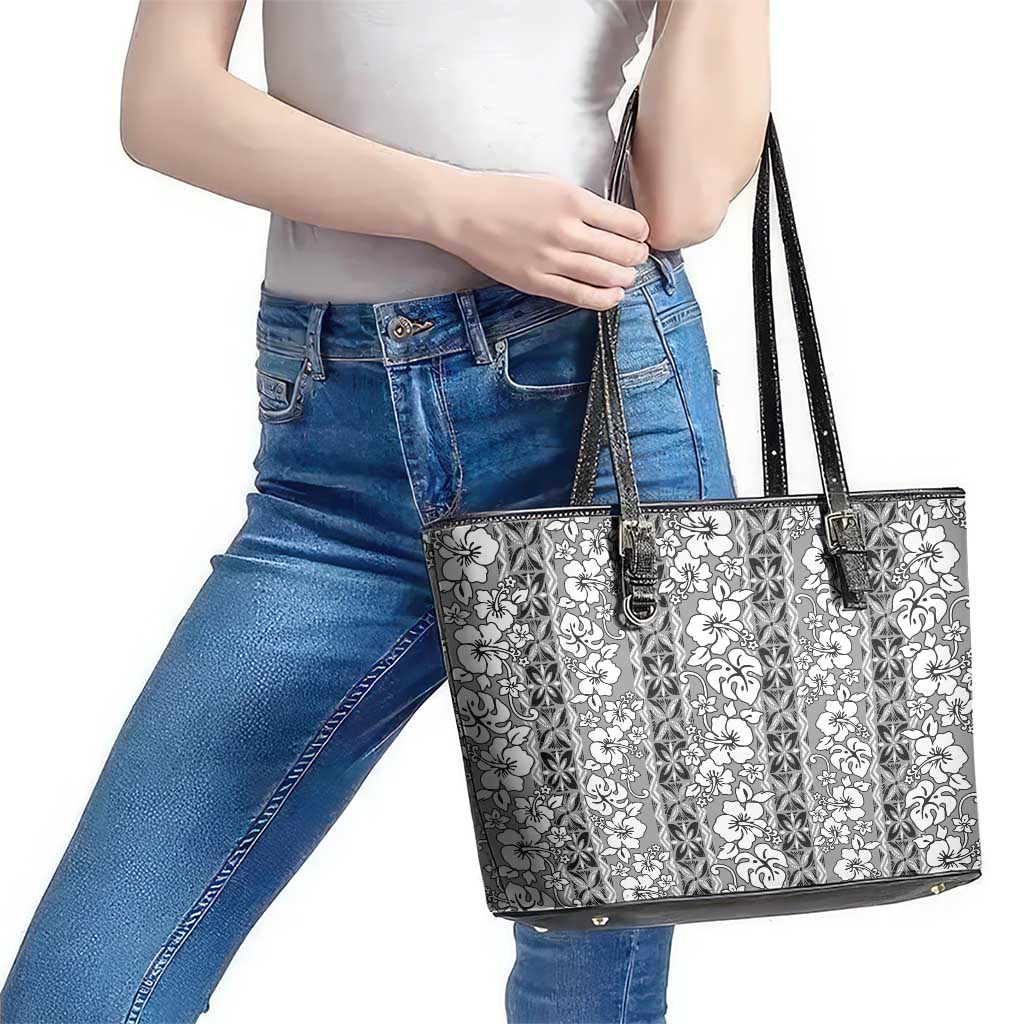 Hawaii Vintage Gray Hibiscus Tapa Pattern Leather Tote Bag LT05 - Polynesian Pride