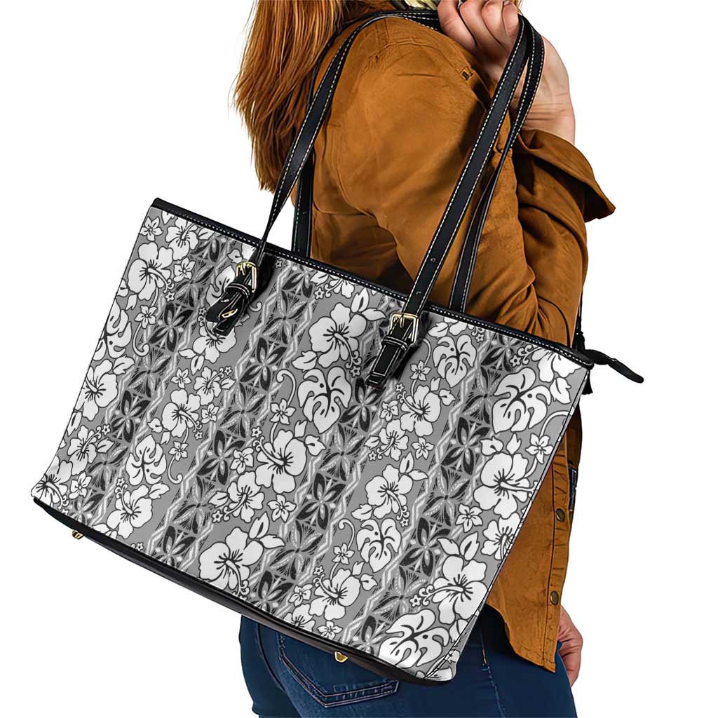 Hawaii Vintage Gray Hibiscus Tapa Pattern Leather Tote Bag LT05 - Polynesian Pride