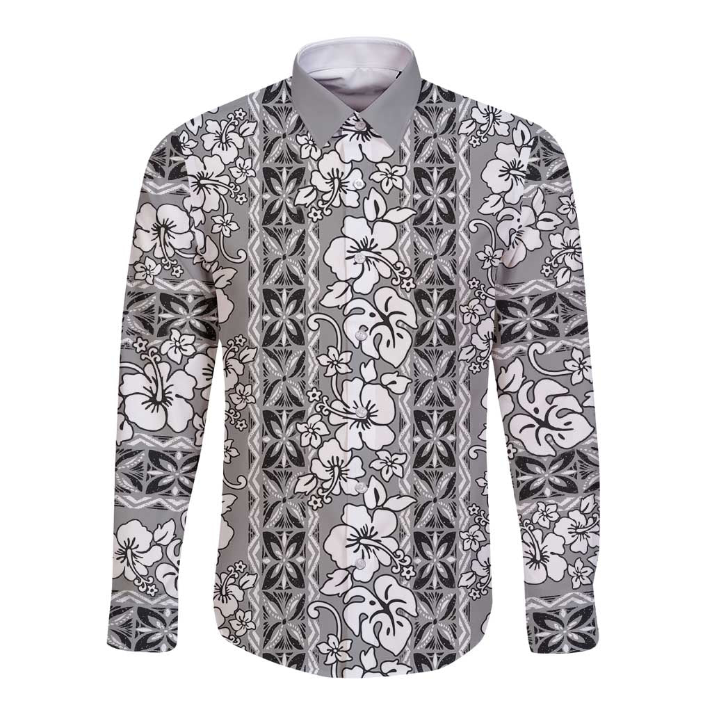 Hawaii Vintage Gray Hibiscus Tapa Pattern Long Sleeve Button Shirt